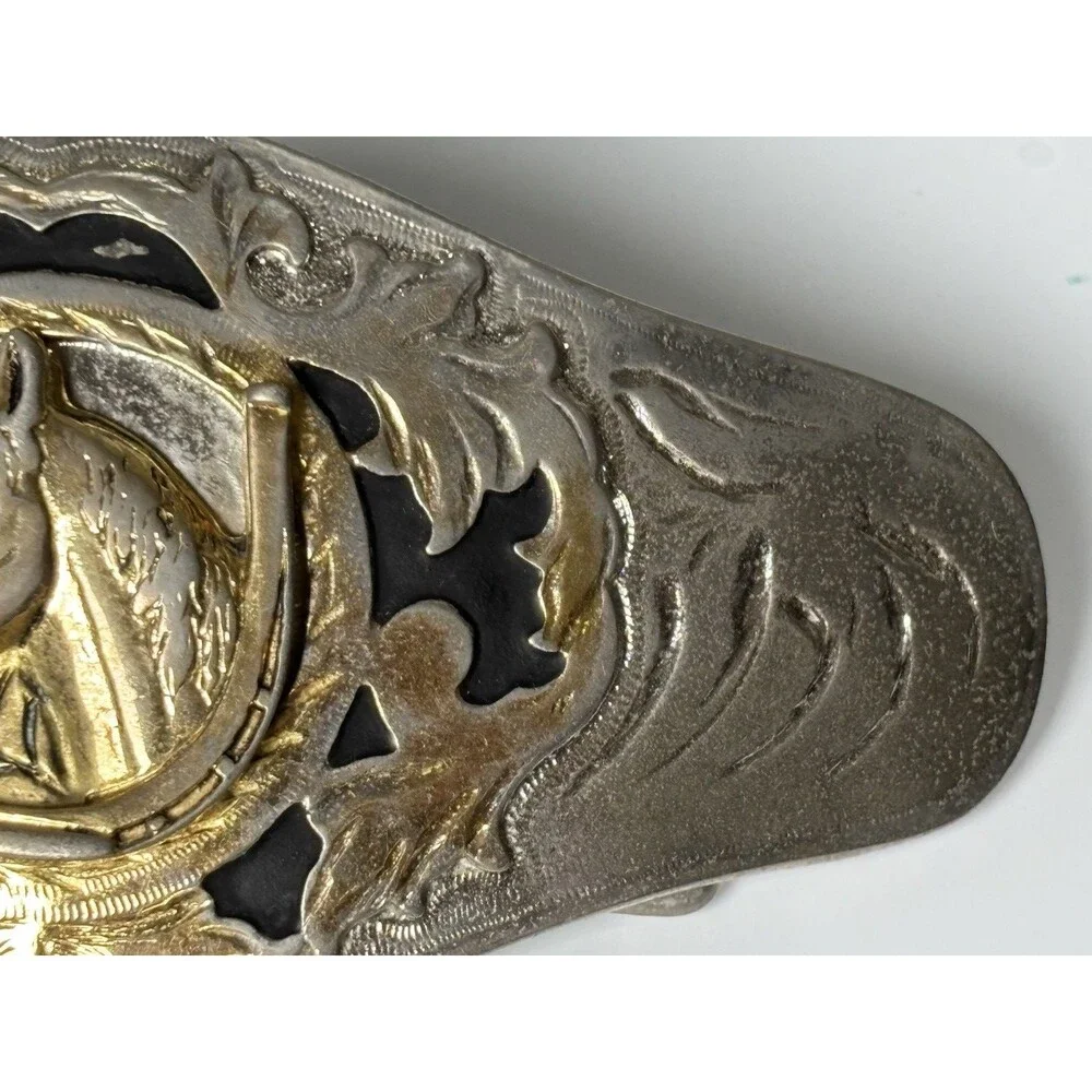 Western Horse Head Horseshoe Belt Buckle Silver Gold Tone Black Enamel Large